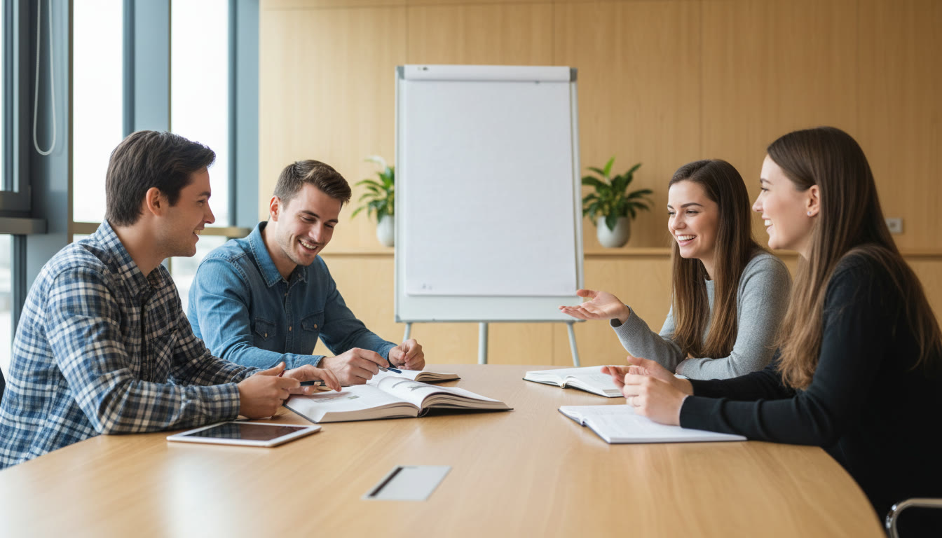 Photo Idea : A small group tutorial in a modern seminar room, students discussing around a table with notebooks and a whiteboard.