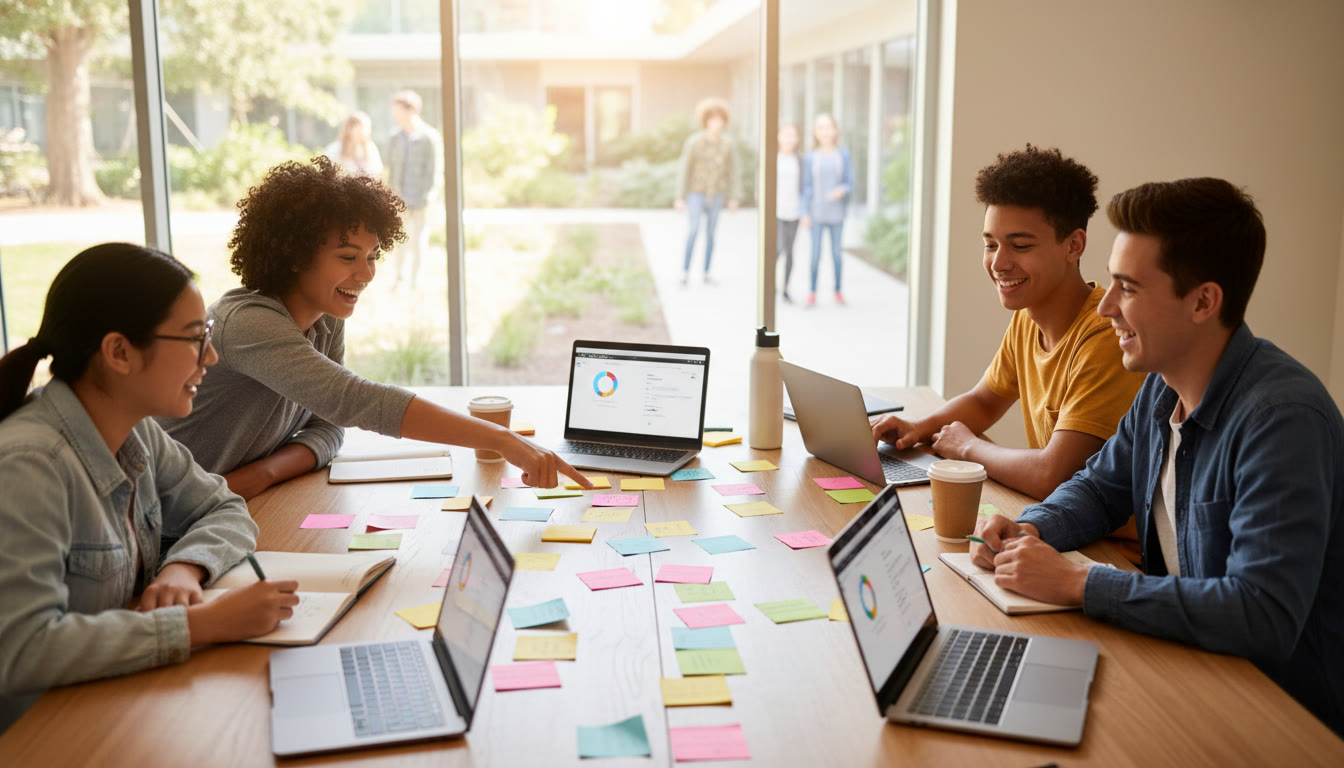 Photo Idea : students gathered around a table planning a community service project with sticky notes and laptops