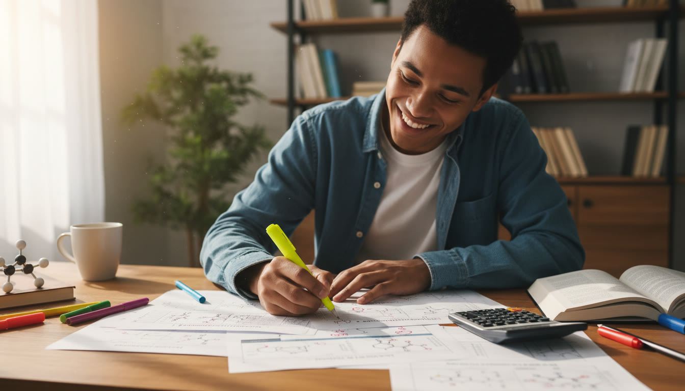 Photo Idea : Student annotating a printed IB Chemistry markscheme with a highlighter and calculator on the desk
