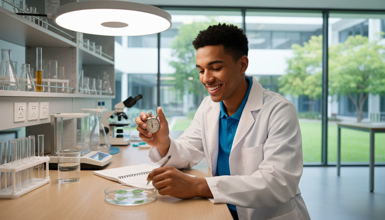 Photo Idea : Student in a bright school lab writing notes while measuring leaf discs with a stopwatch