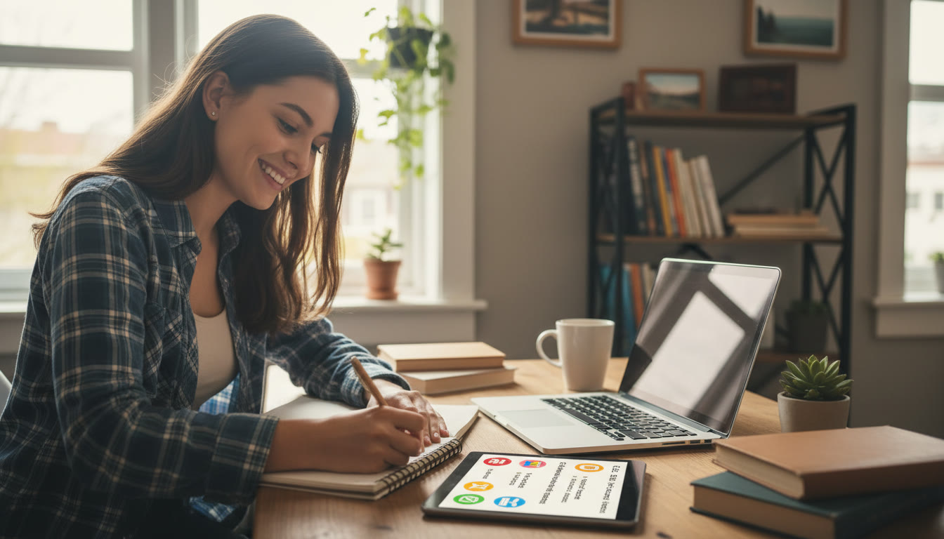 Photo Idea : Student writing in a notebook beside an open laptop showing an activities list