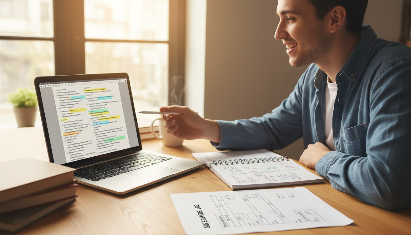 Photo Idea : A student annotating PDFs on a laptop screen with colored highlights and a printed supervisor-log next to a notebook