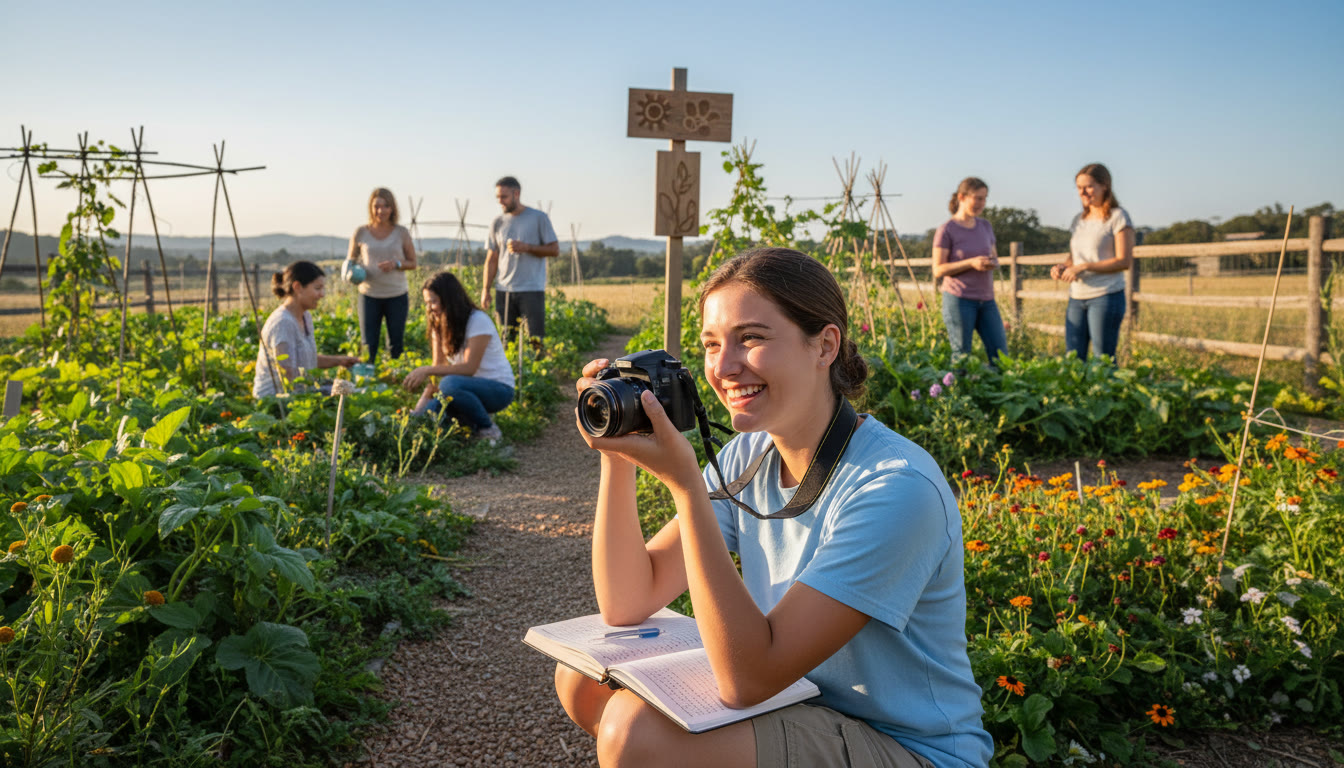 Photo Idea : A student photographing a community garden project while writing a reflection in a notebook