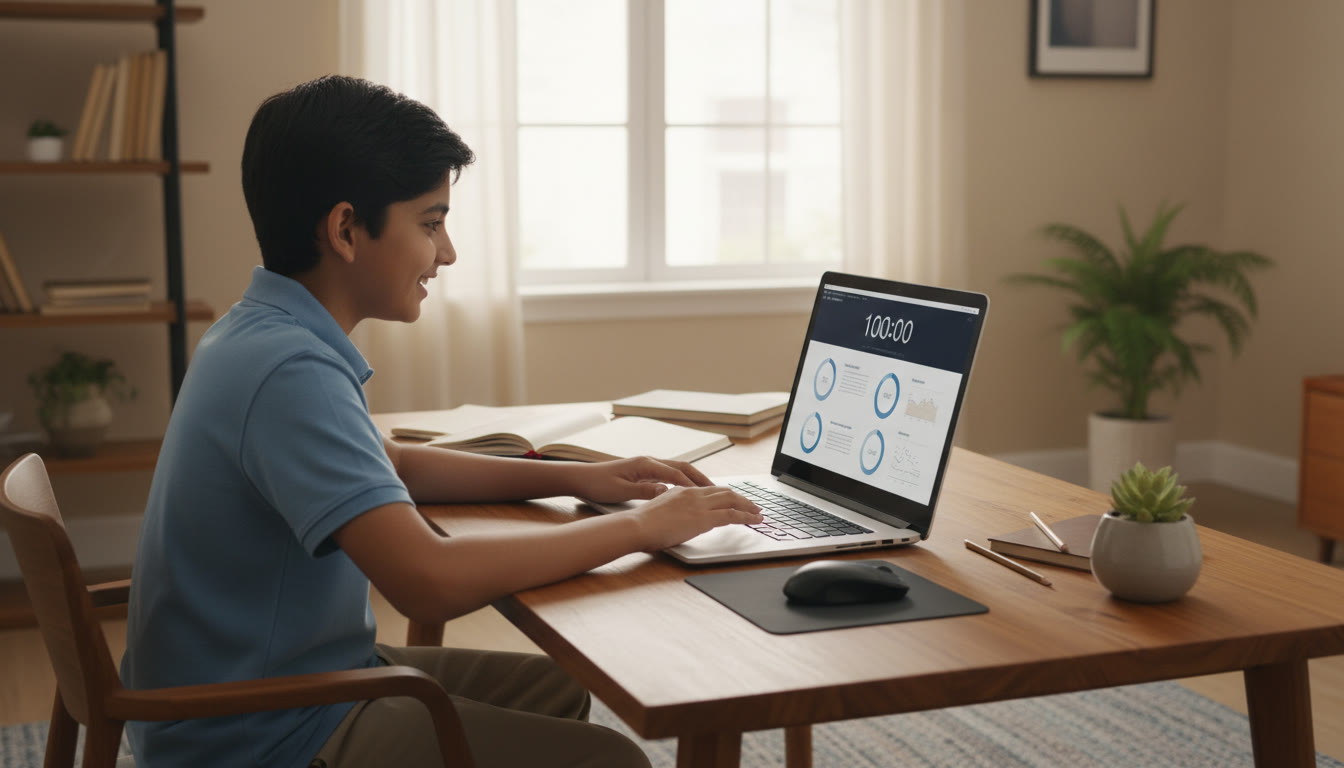 Photo Idea : Student at a desk taking a timed full-length mock test on a laptop with a visible countdown timer