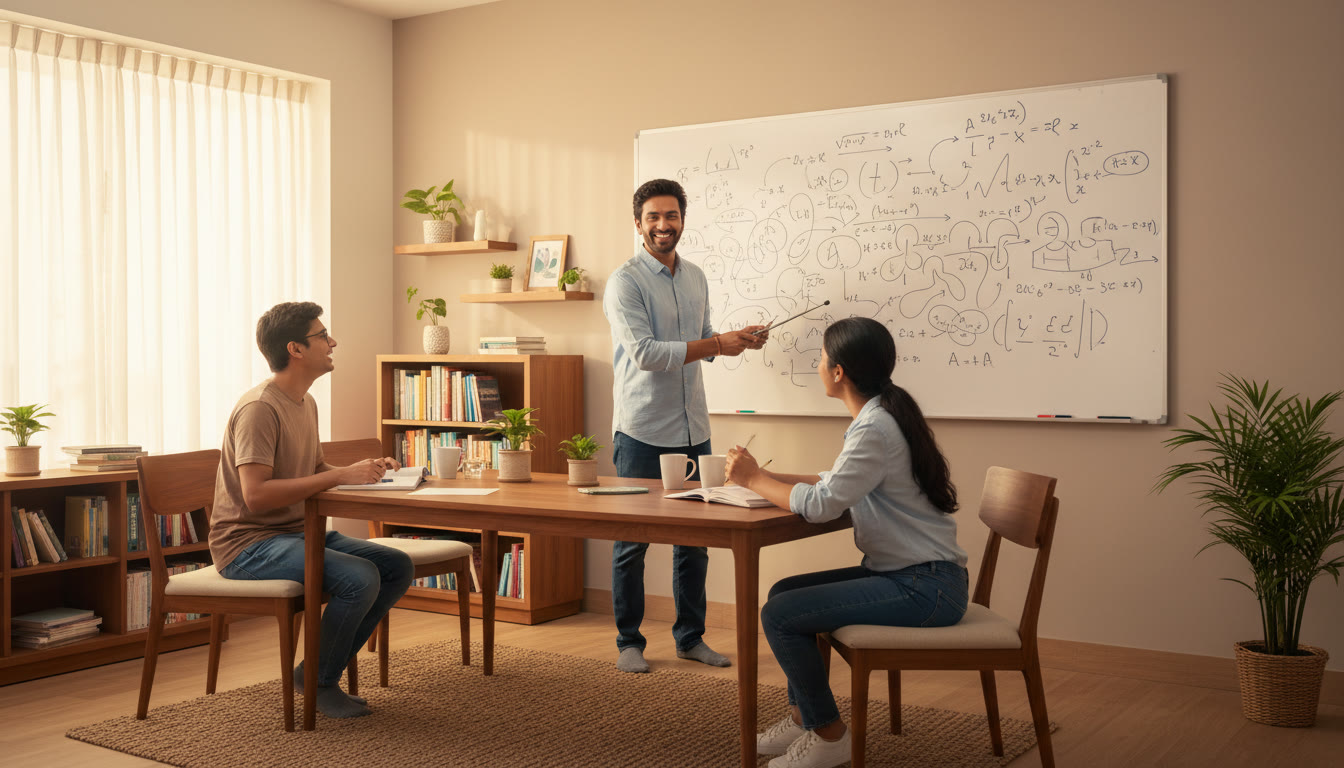 Photo Idea : A small group session with a tutor pointing at a whiteboard with wide diagrams and equations