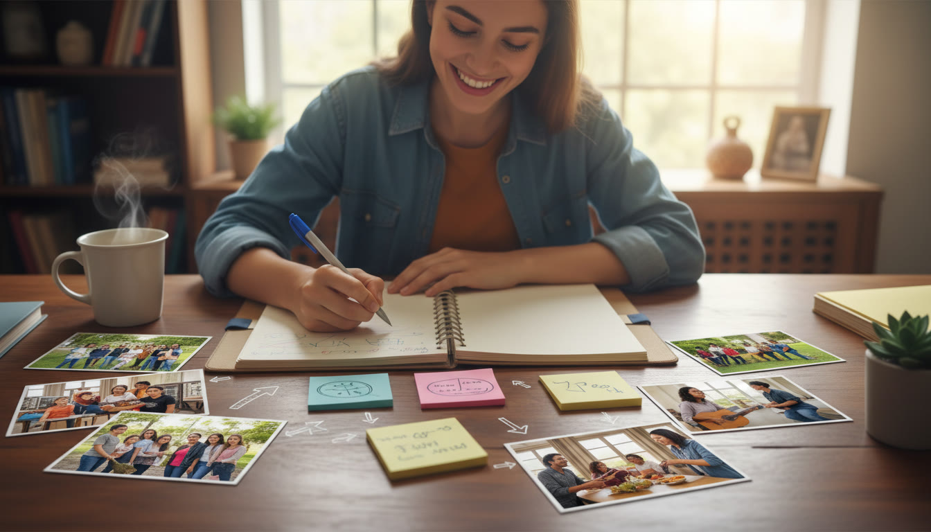 Photo Idea : a student writing in a neat CAS portfolio with community photos and notes spread across a desk