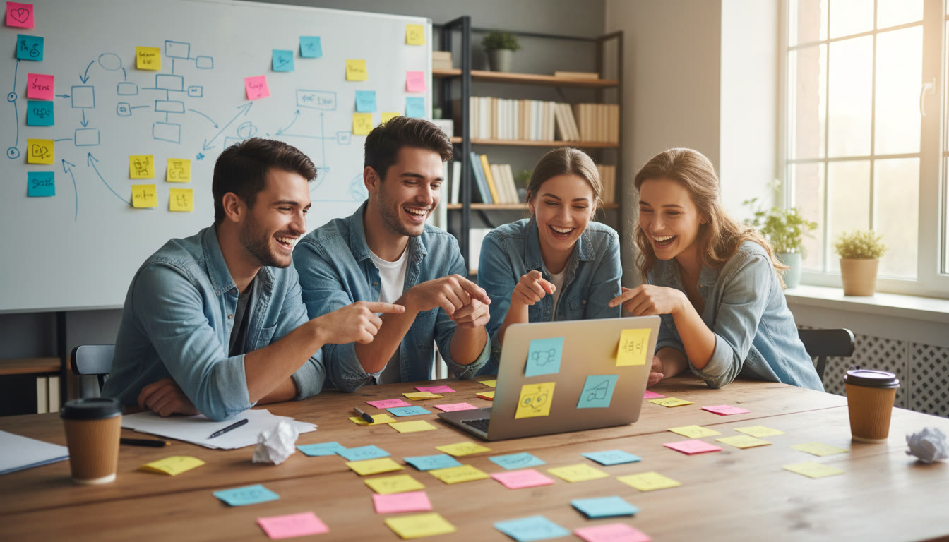 Photo Idea : Students huddled around a laptop planning a community project, with sticky notes and a whiteboard