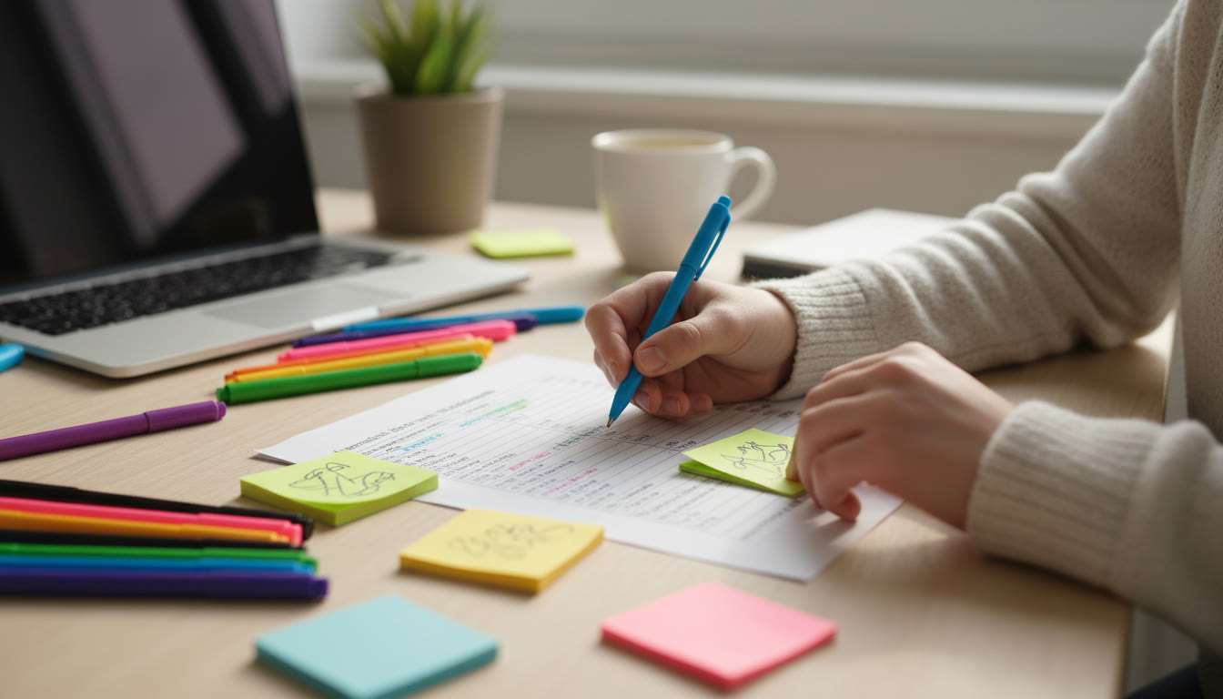 Photo Idea : a student annotating a printed IB markscheme with colored pens and sticky notes