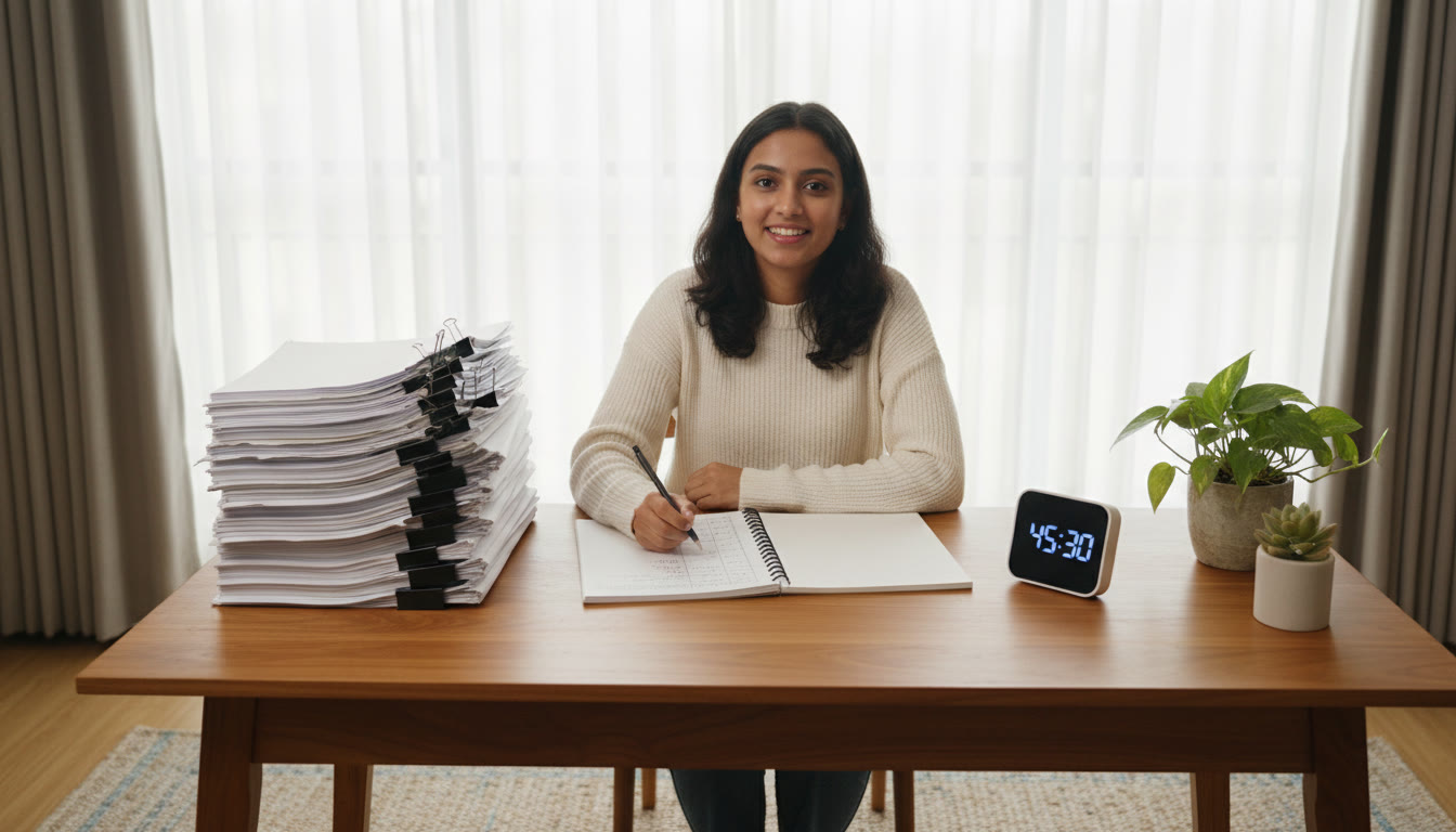Photo Idea : student at a desk with a stack of past papers, a timer, and a neat notebook open to a revision log