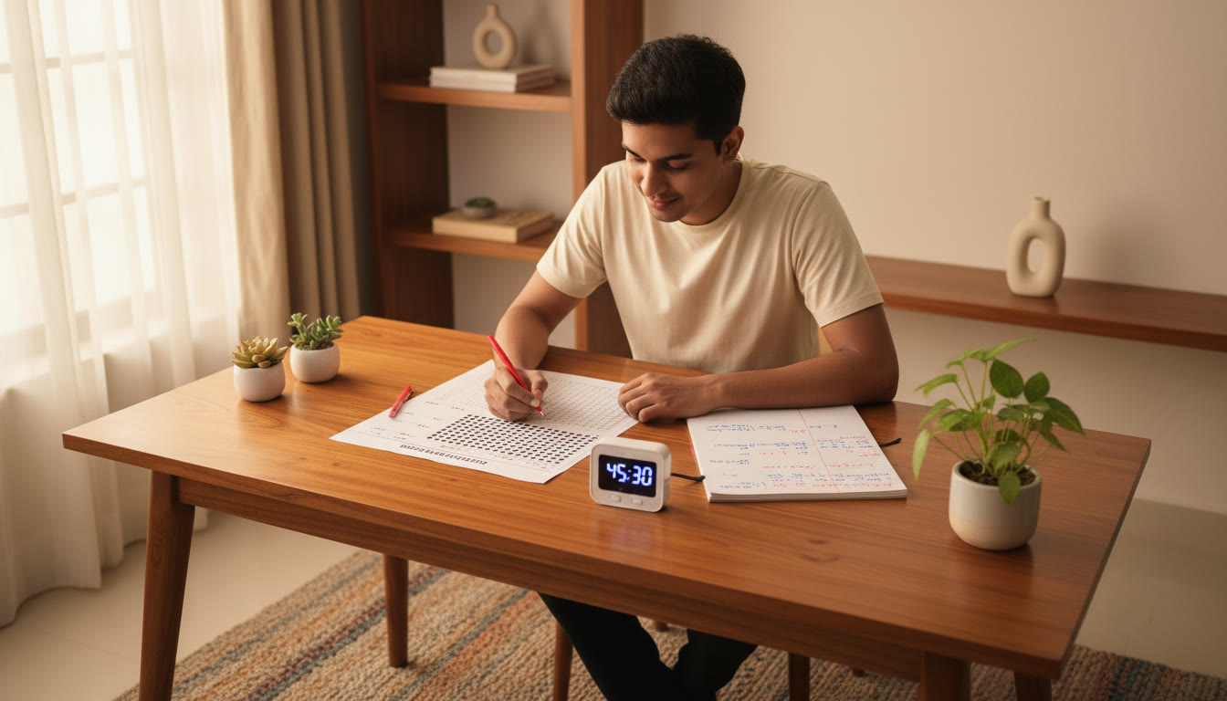 Photo Idea : A focused student at a desk reviewing a filled OMR sheet and handwritten error log, with a timer visible
