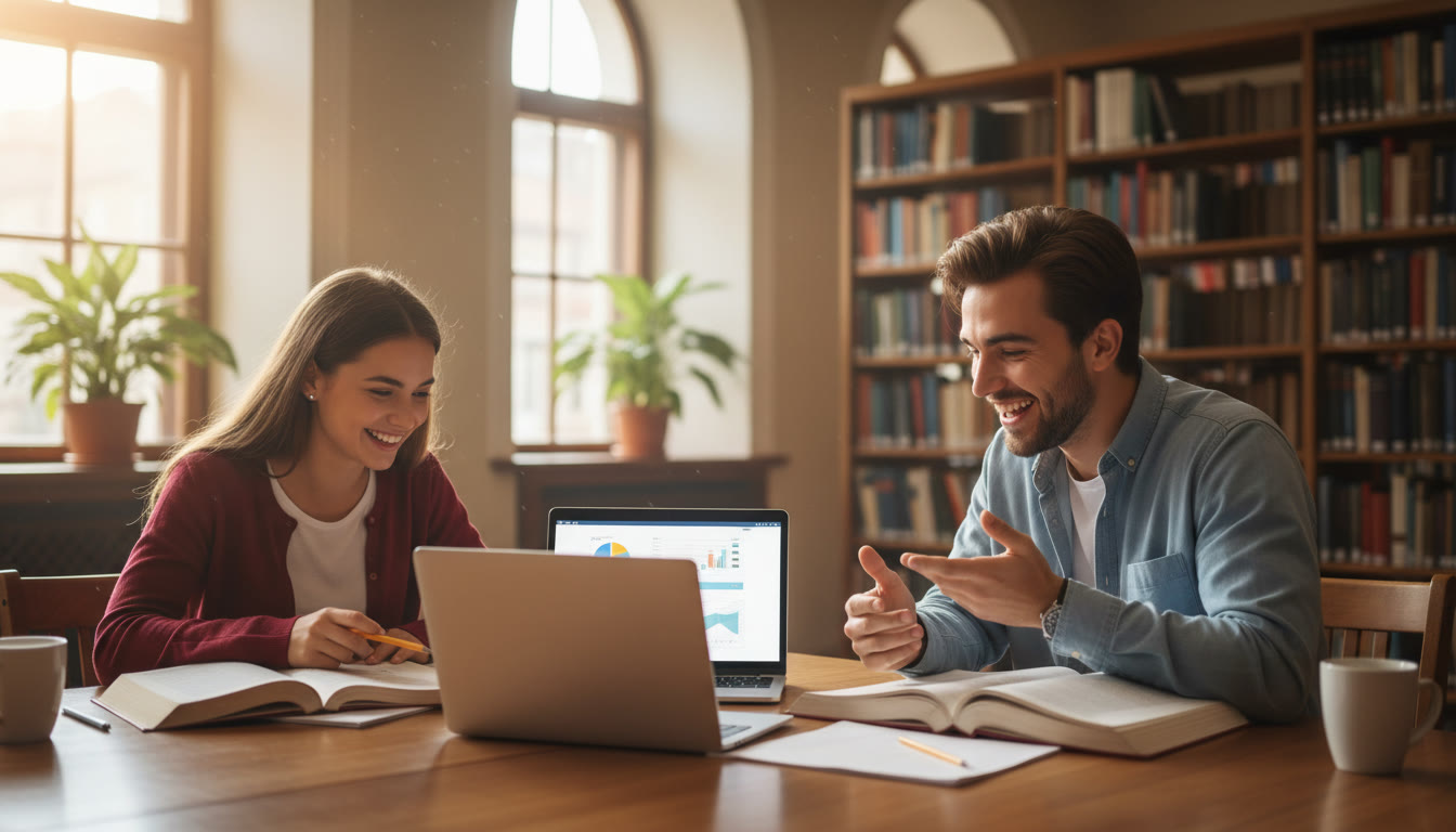 Photo Idea : two students studying together at a library table with open books and a laptop