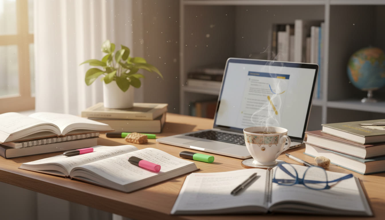 Photo Idea : study desk with scattered notebooks, a laptop open to a draft, and a cup of tea