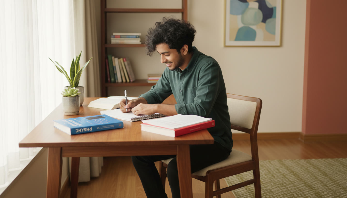 Photo Idea : A focused student at a desk with open Physics and Mathematics books, jotting notes and smiling