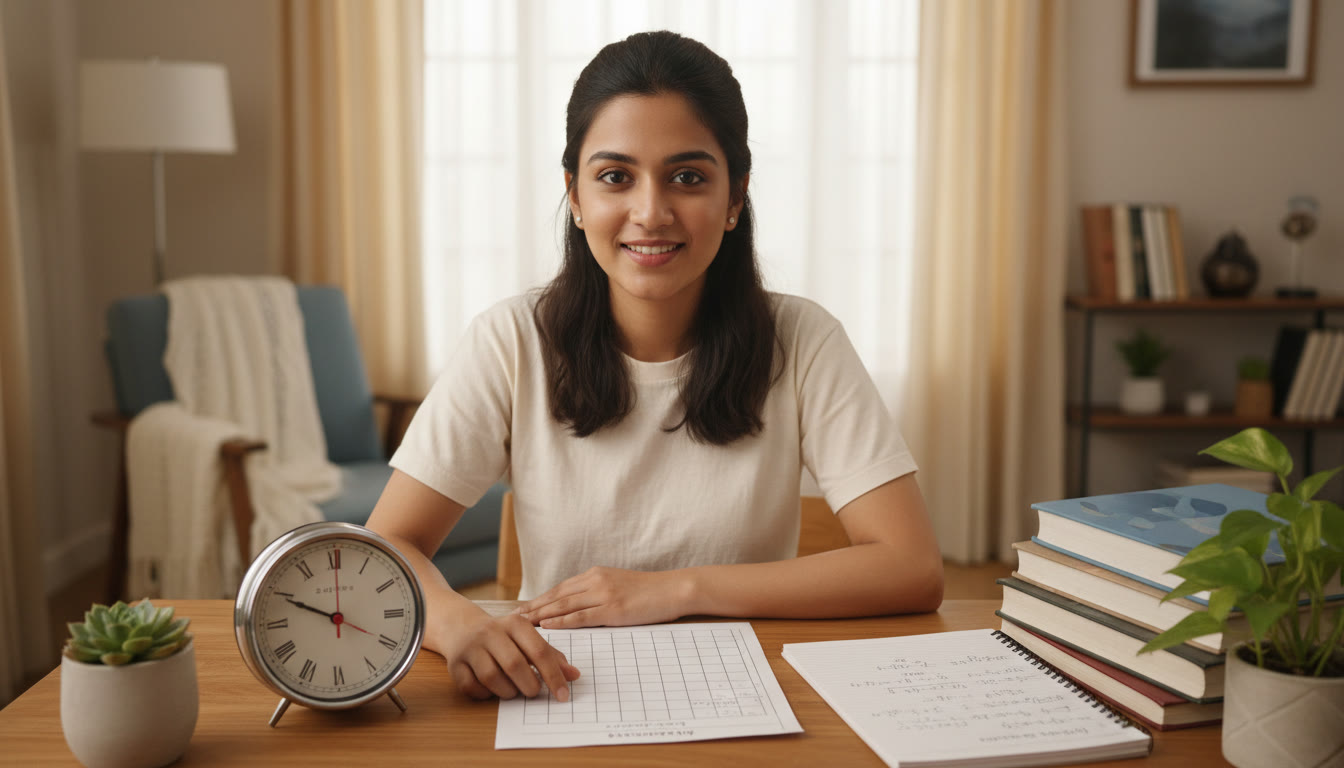 Photo Idea : A focused student at a tidy desk solving a timed practice paper with clock, books, and notebook visible