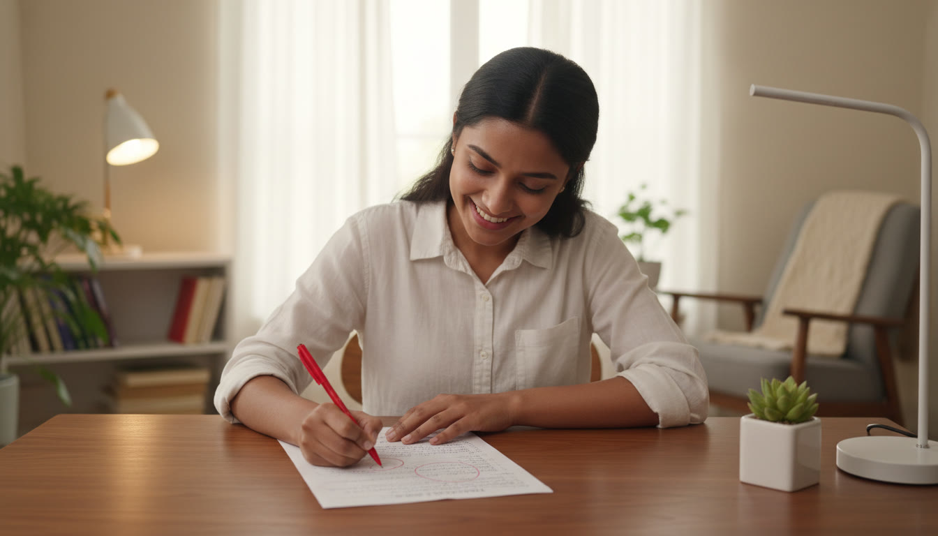 Photo Idea : a focused student circling errors on an answer sheet with a red pen