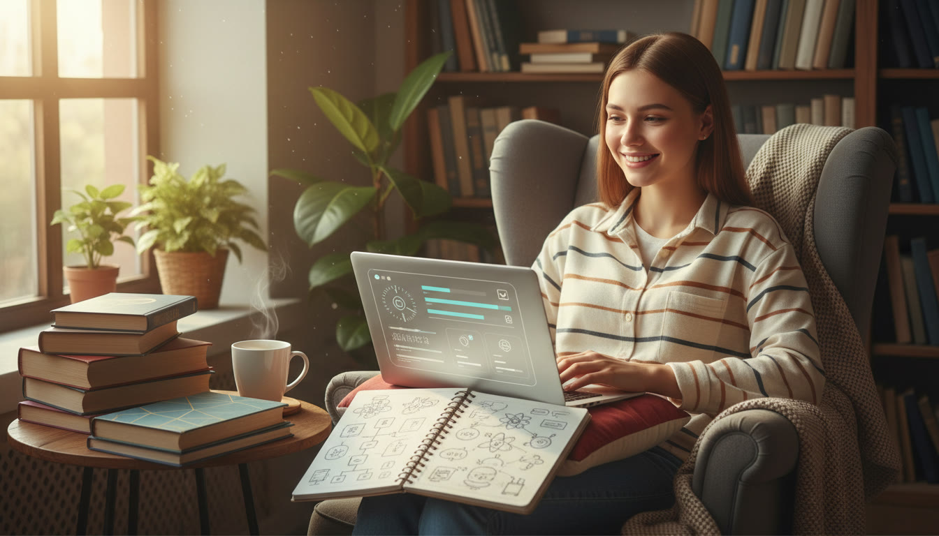 Photo Idea : A focused student in a cozy library nook surrounded by IB textbooks, a laptop with an application form, and a notebook of research ideas