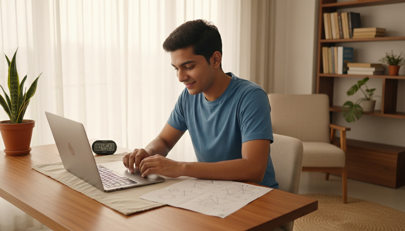 Photo Idea : A clutter-free desk with a laptop stopwatch and a printed mock test sheet, a student intensely focused