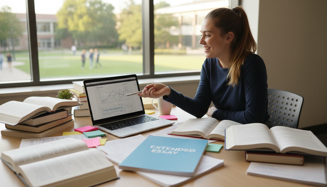 Photo Idea : A student at a desk surrounded by notes, a laptop with a PDF of an academic paper open, and a printed copy of their Extended Essay