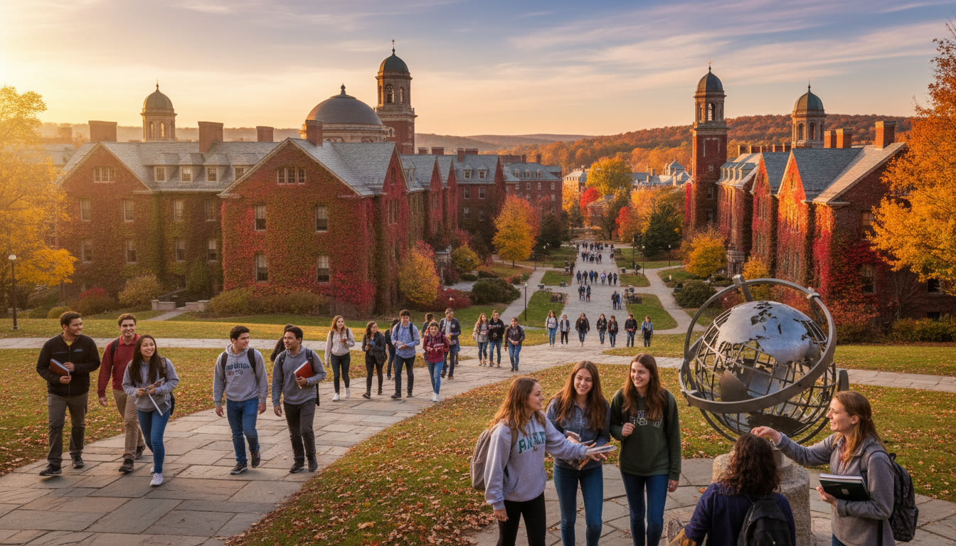 Photo Idea : Campus skyline of an Ivy-like college with students walking in autumn light