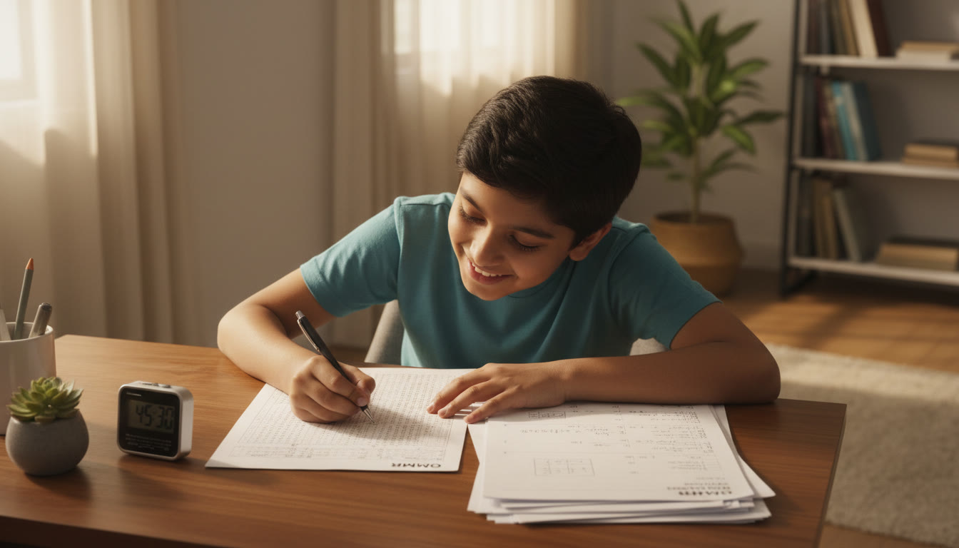 Photo Idea : A focused student bubbling an OMR sheet during a timed mock test, stopwatch and solved sheets nearby
