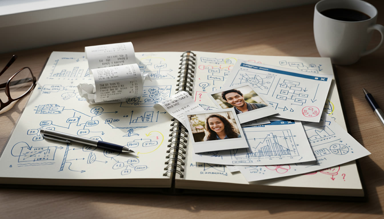 Photo Idea : Close-up of a student notebook with receipts, photos, and annotated screenshots of customer feedback