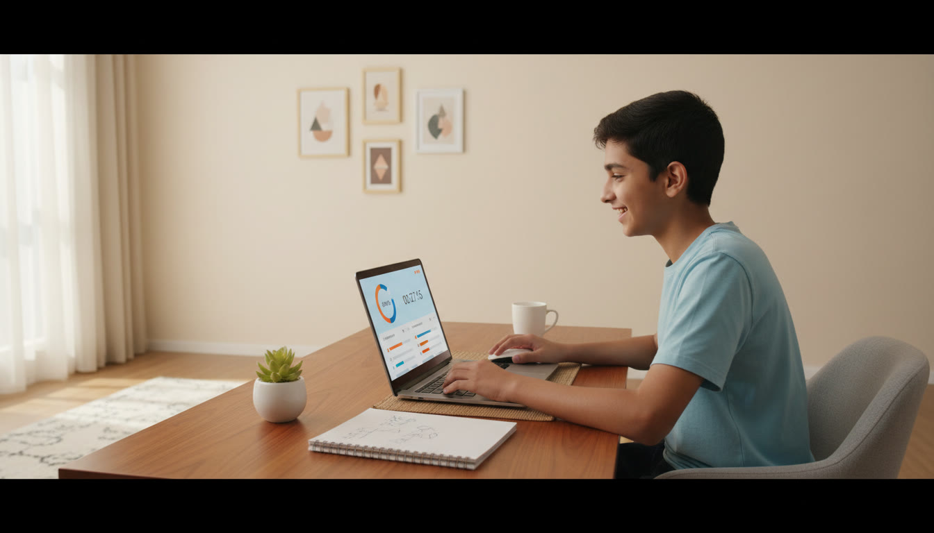 Photo Idea : student sitting at a desk taking an online mock test on a laptop with a visible countdown timer