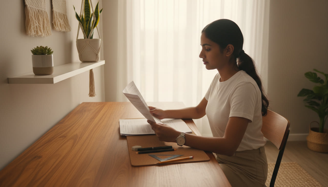 Photo Idea : A calm student at a desk, reading a printed CBSE question paper with a watch and neat stationery