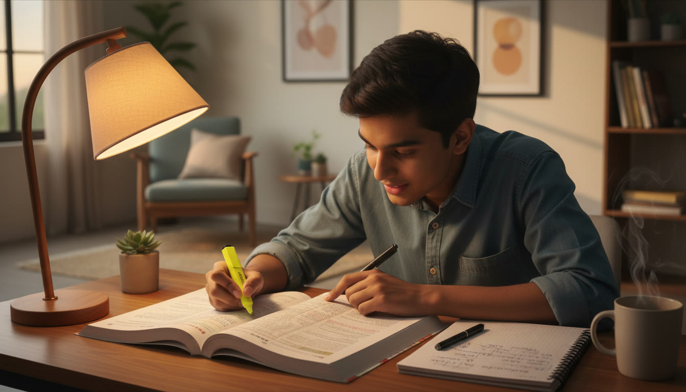 Photo Idea : Student highlighting a NCERT textbook while writing margin notes, a simple desk lamp casting warm light