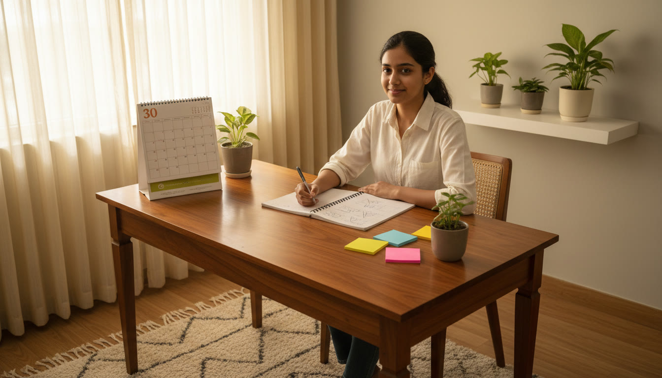 Photo Idea : A focused student at a tidy desk with a 30-day calendar, open notebook, and color-coded sticky notes
