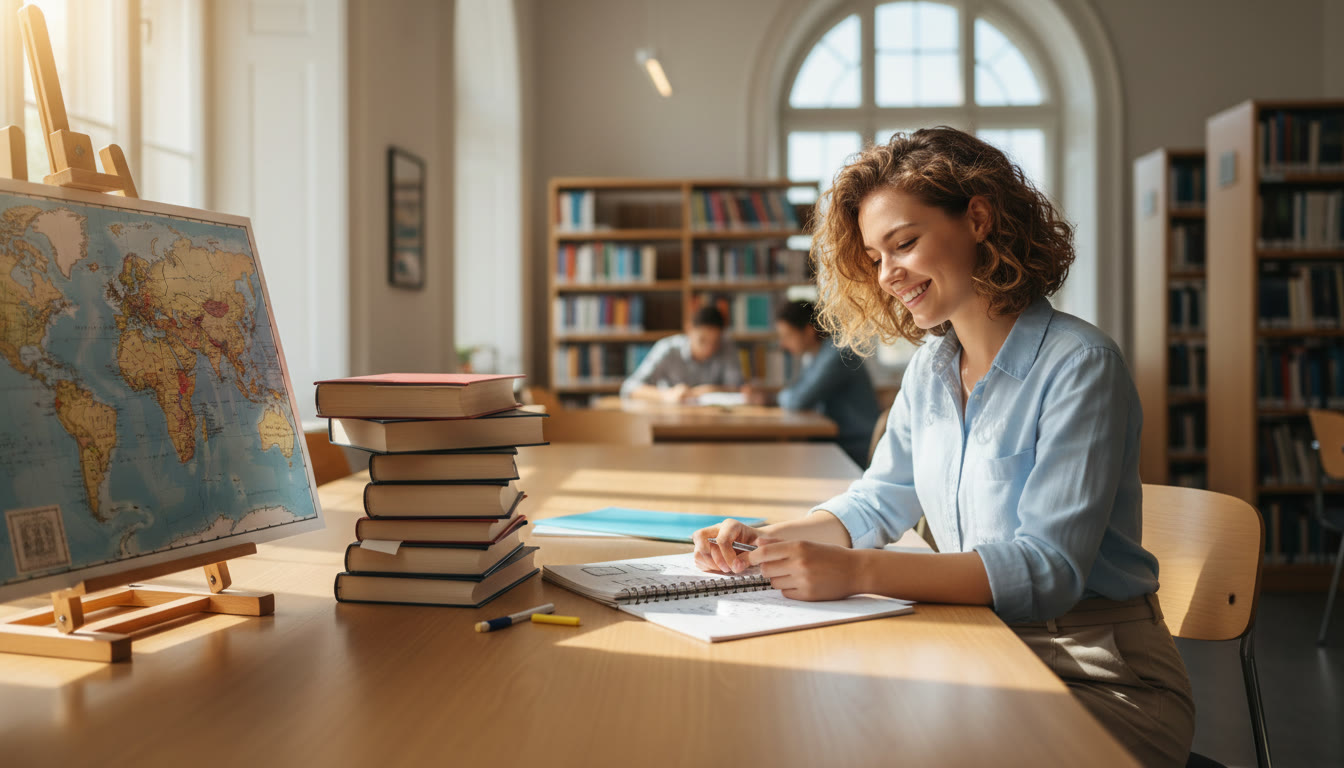 Photo Idea : A confident student reviewing notes in a sunlit library with a map of Europe and a stack of IB textbooks nearby