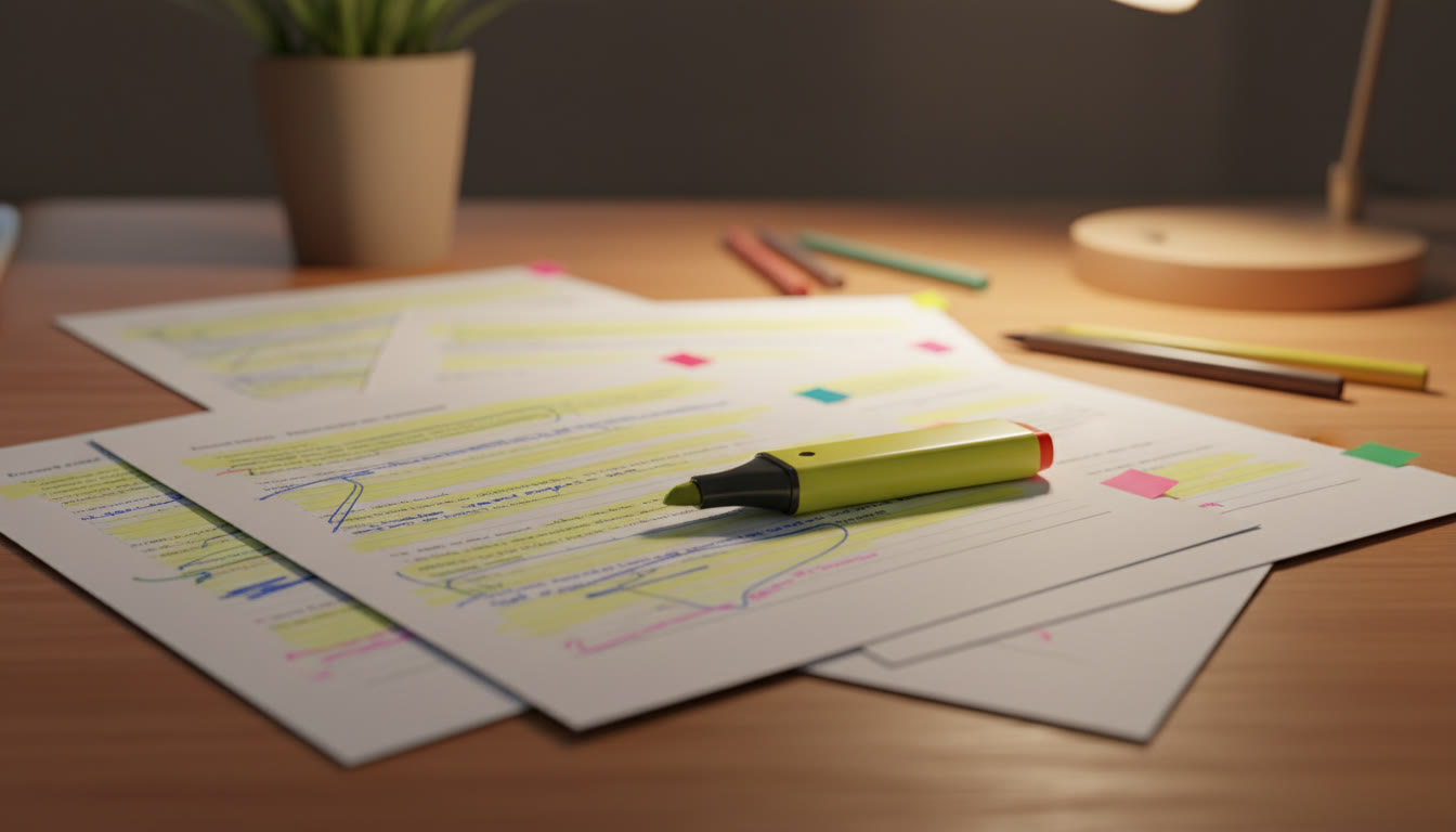 Photo Idea : A close-up of annotated printed pages with colored tabs and a highlighter