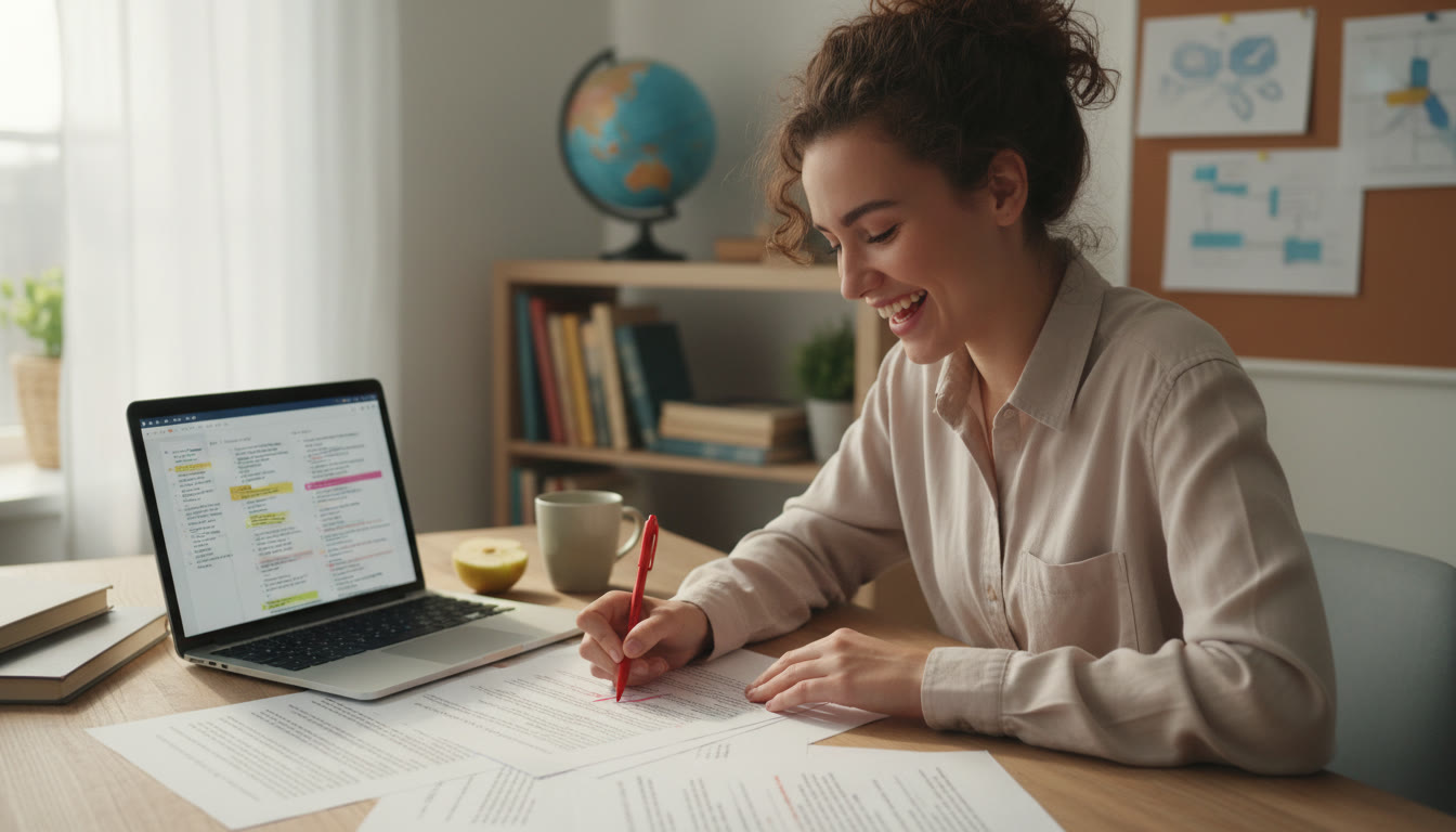 Photo Idea : student editing printed pages of an essay with a red pen and a laptop open to notes