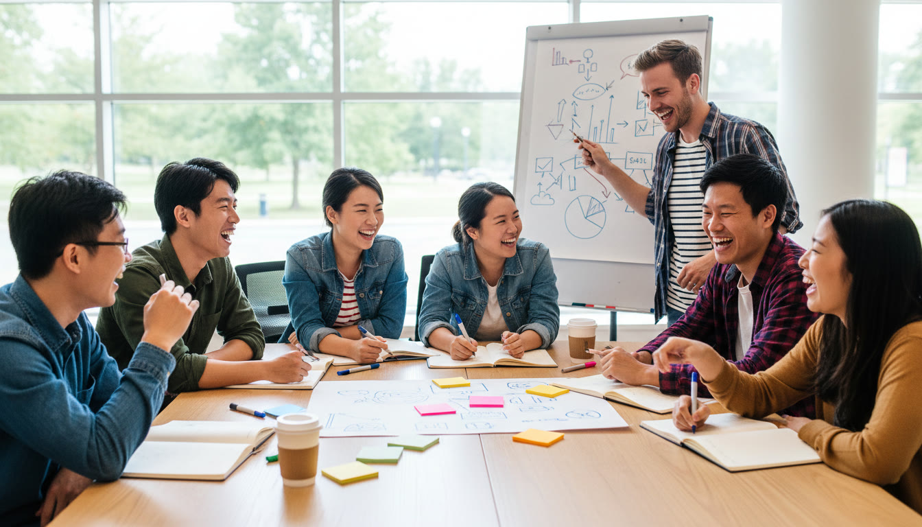 Photo Idea : A diverse group of students clustered around a table with notebooks and sticky notes, sketching a business plan