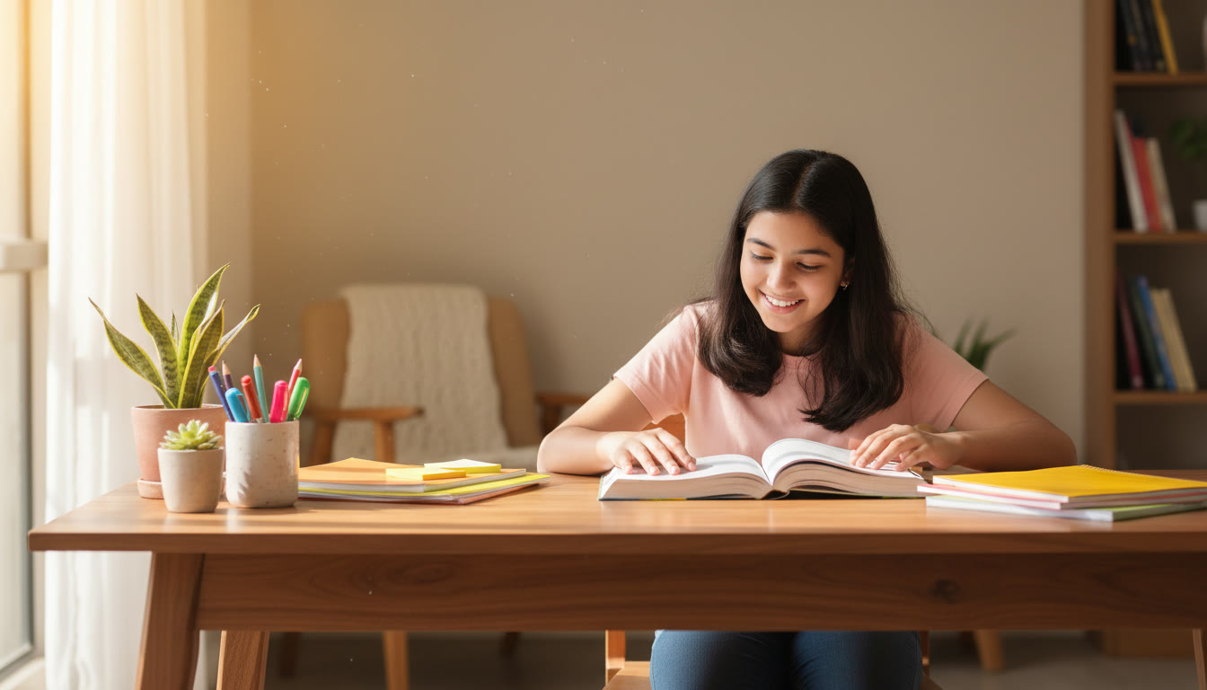 Photo Idea : A Class 9 student happily reading NCERT textbook at a sunlit desk with colored stationery