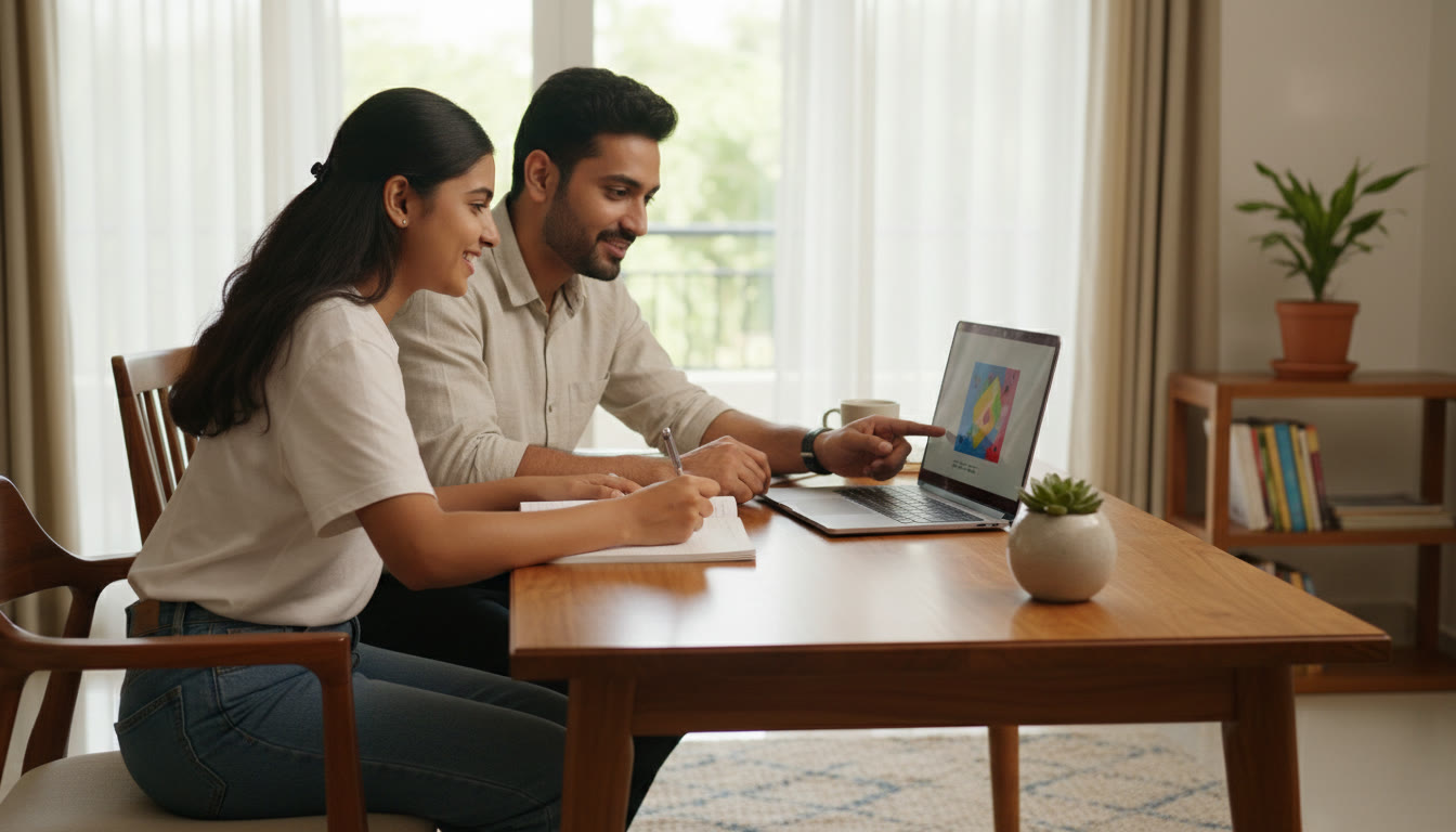 Photo Idea : Student at a clean desk, taking notes while a tutor shares a screen on a laptop