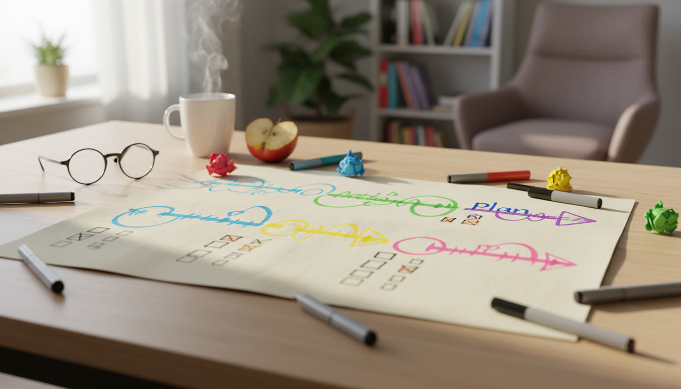 Photo Idea : A handwritten action plan with colored markers, timelines, and checkboxes