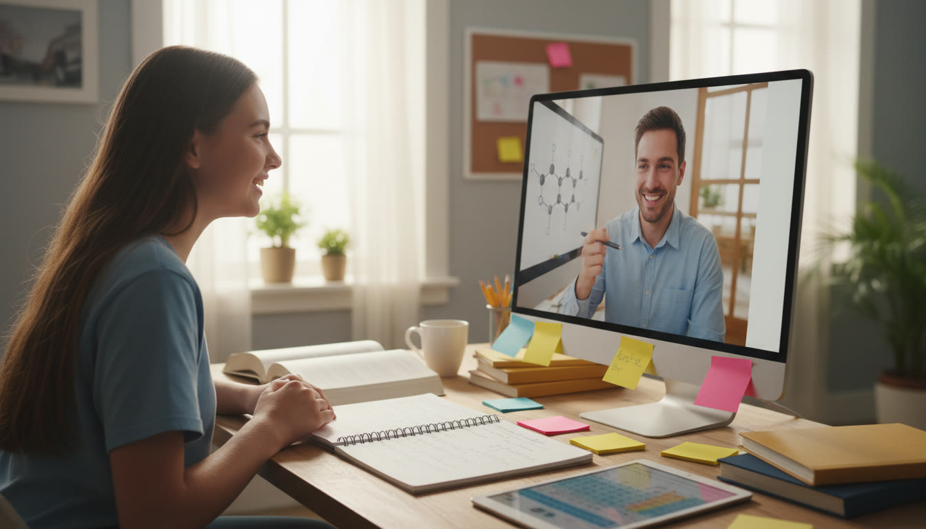 Photo Idea : Student in a video tutoring session with a tutor pointing at a screen, notes spread out