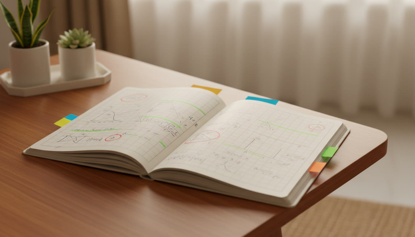 Photo Idea : A neat error-log notebook open with color-coded tags and highlighted mistakes