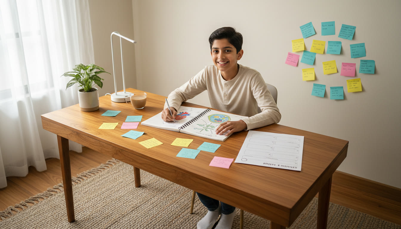 Photo Idea : Student at a tidy desk surrounded by colorful notes, a notebook open to science diagrams and a sample question paper visible