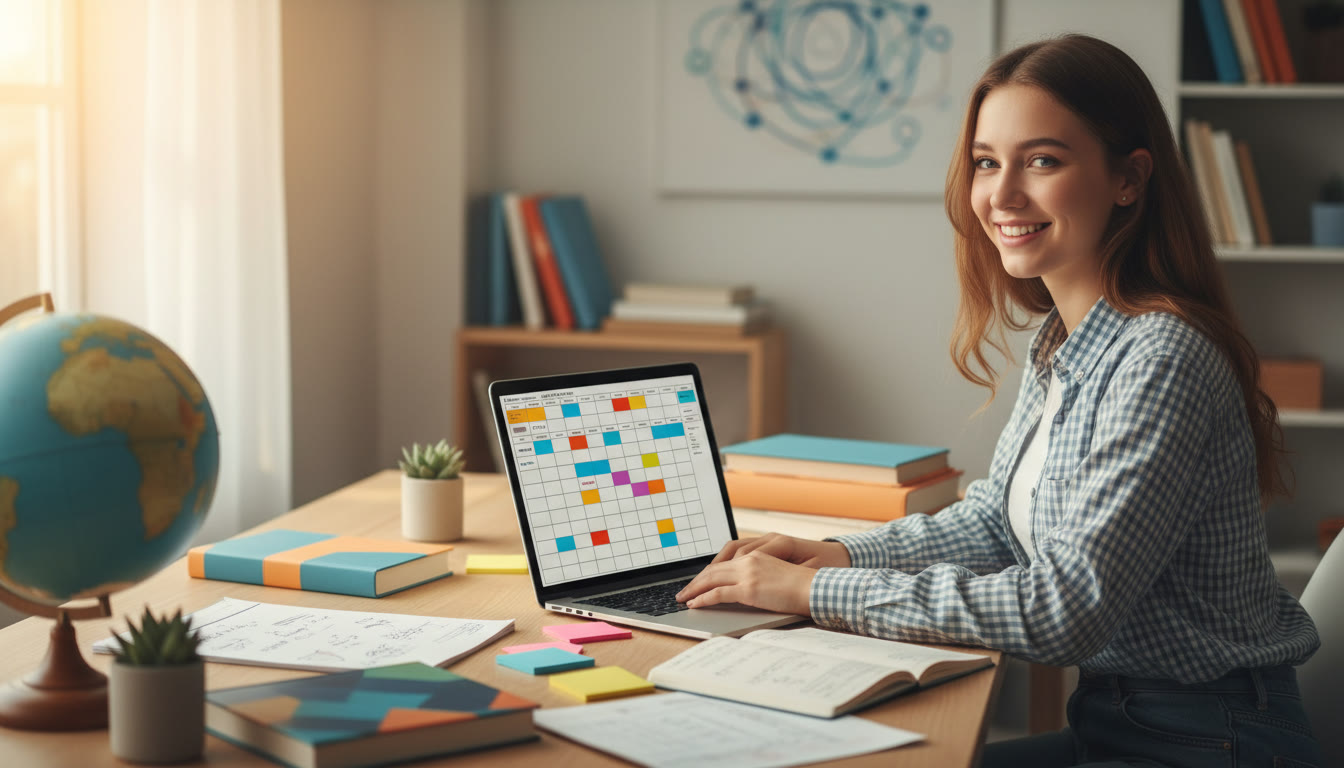 Photo Idea : Student at a tidy desk surrounded by IB textbooks, notes, and a laptop displaying a revision timetable