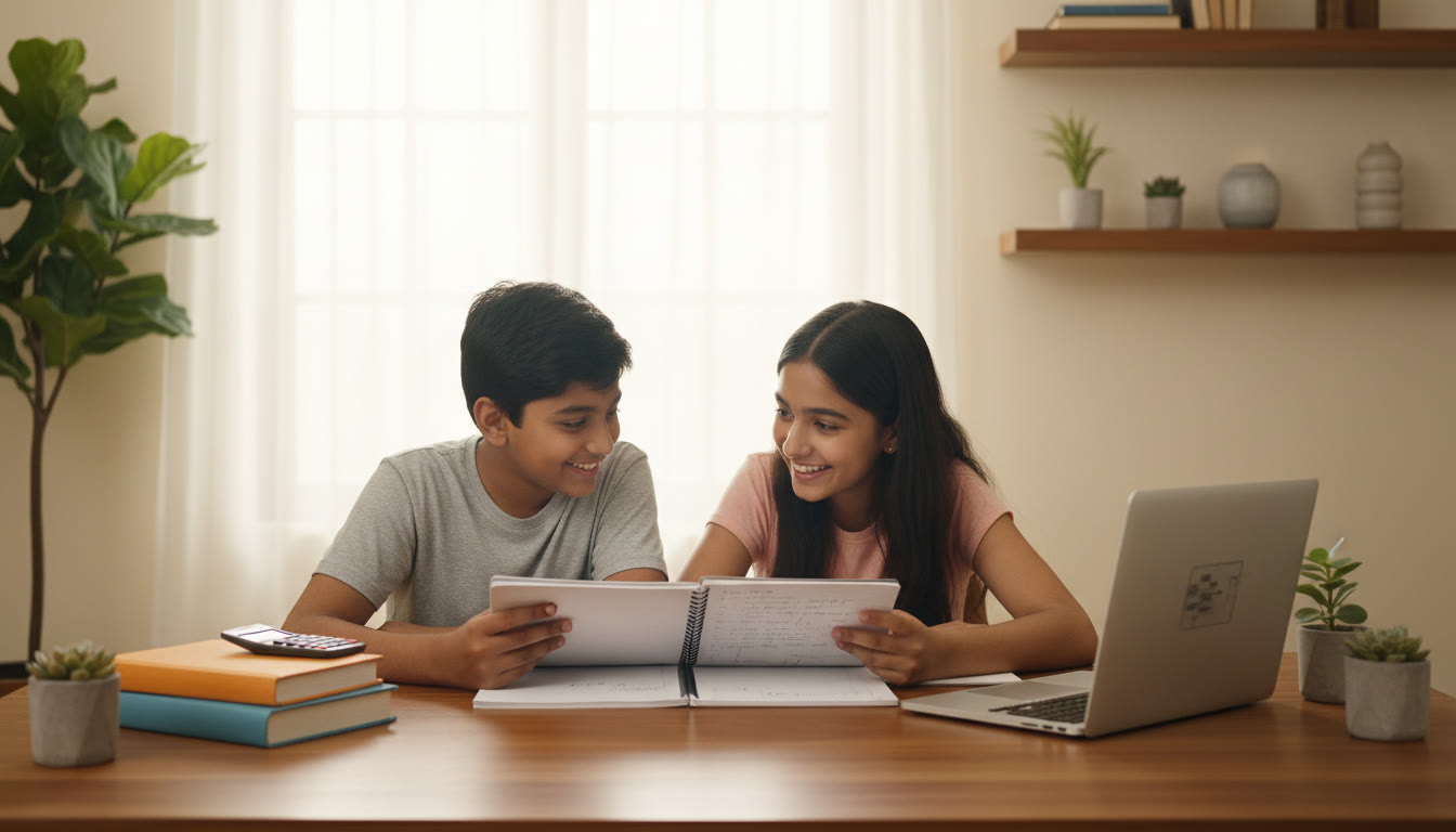 Photo Idea : Two students at a bright study table comparing open notebooks labeled "CBSE" and "ISC", with textbooks, a laptop, and a calculator