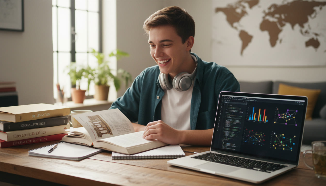 Photo Idea : focused student at a desk with humanities books on one side and a laptop displaying code and data visualizations on the other