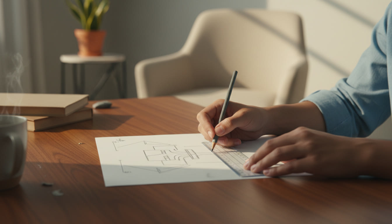 Photo Idea : A close-up of a student sketching a labelled diagram with a pencil and ruler on an answer sheet