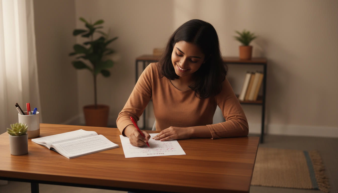 Photo Idea : A student marking answers from a mock test at a desk with a red pen and an answer key nearby