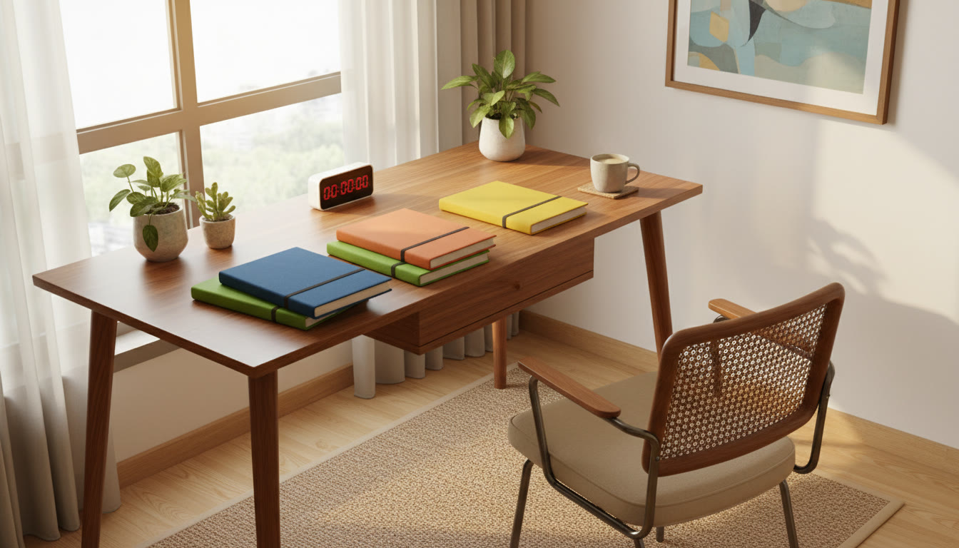 Photo Idea : A neat study desk with color-coded notebooks labeled Physics, Chemistry, Biology and a timer