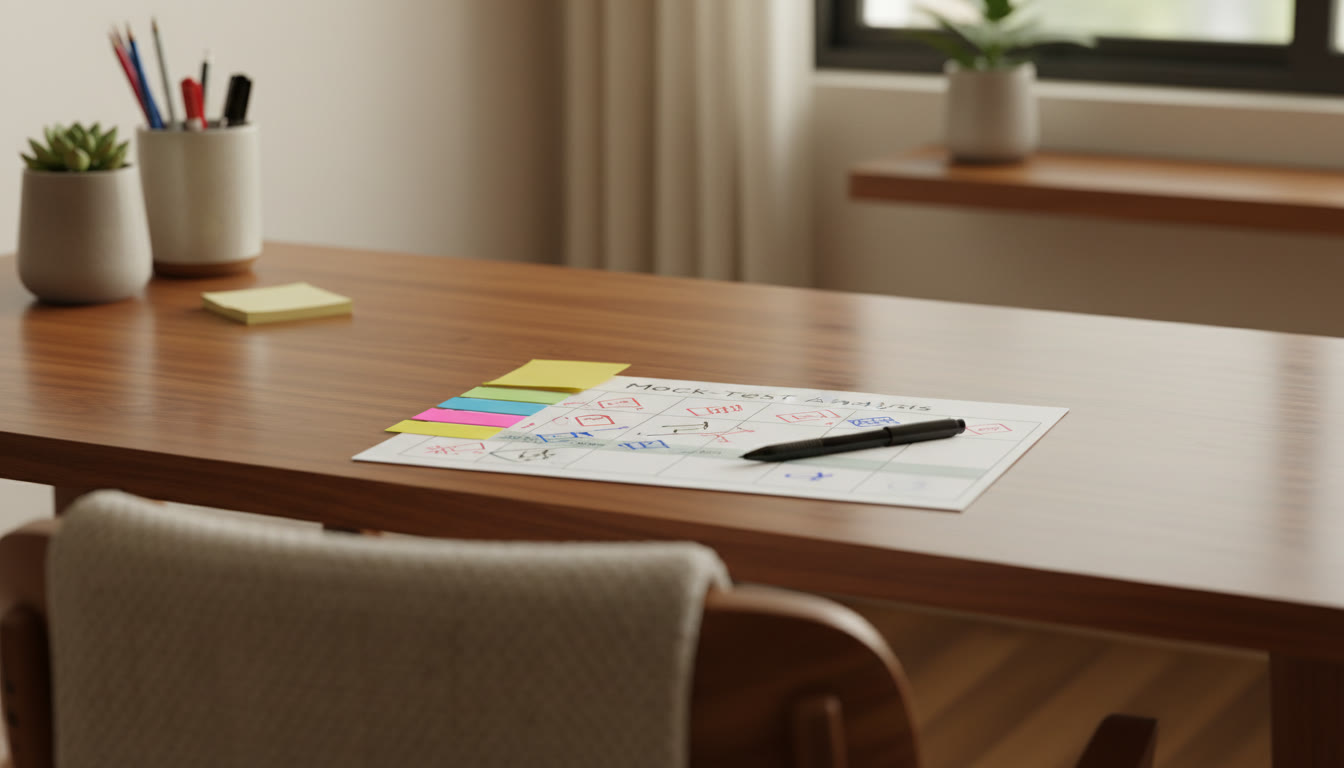 Photo Idea : [A mock-test analysis sheet with colored sticky notes, error categories, and a pen]
