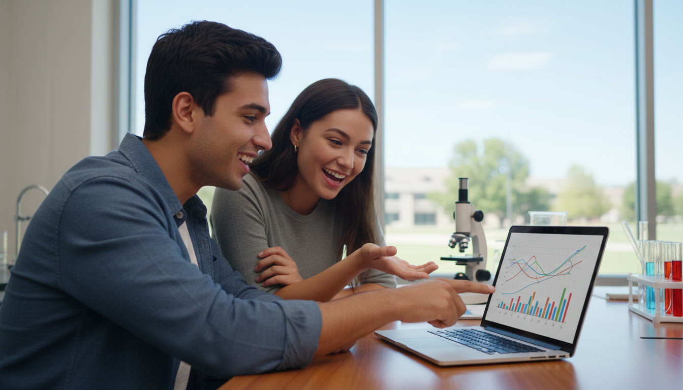 Photo Idea : Two students discussing a lab result over a laptop with graphs visible