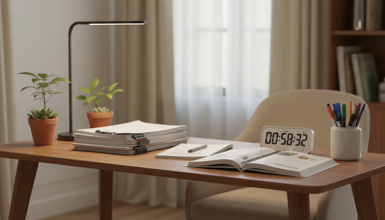 Photo Idea : A calm study desk with sample papers, a timer and neat stationery