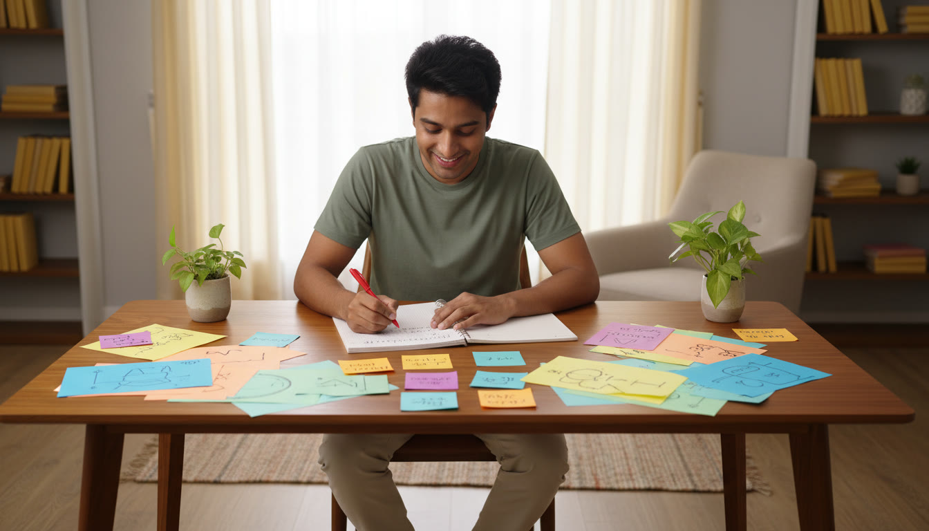 Photo Idea : A student surrounded by colourful revision notes and flashcards, marking an error log in a notebook