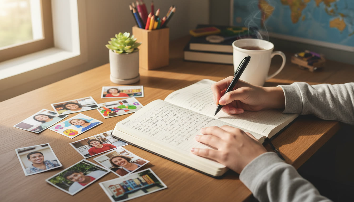 Photo Idea : Close-up of a student writing in a reflection journal with project photos nearby